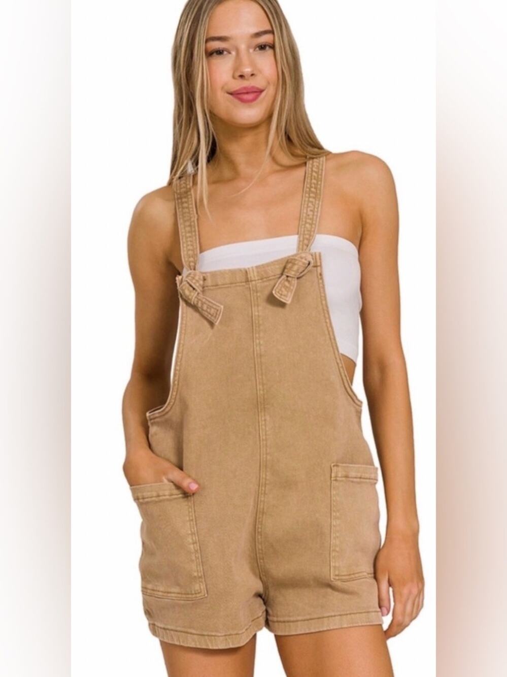 Zenana Brown Cotton Overall Romper Shorts Size Small